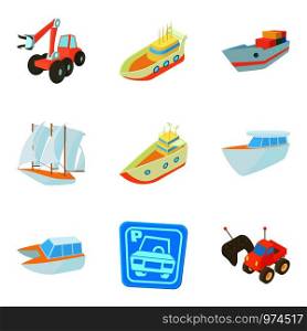 Transport technology icons set. Cartoon set of 9 transport technology vector icons for web isolated on white background. Transport technology icons set, cartoon style