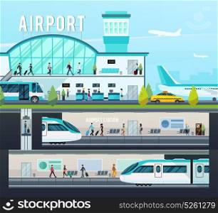 Transport Terminal Compositions. Transport terminal compositions with airport interior elements and planes and railway station with trains isolated vector illustration