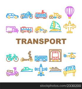 Transport Vehicle And Flying Icons Set Vector. Balloon And Aircraft Fly Transport, Car And Taxi, Bus And Underground, Helicopter And Tramway, Boat And Cruise Liner Color Illustrations. Transport Vehicle And Flying Icons Set Vector