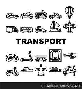 Transport Vehicle And Flying Icons Set Vector. Balloon And Aircraft Fly Transport, Car And Taxi, Bus And Underground, Helicopter And Tramway, Boat And Cruise Liner Black Contour Illustrations. Transport Vehicle And Flying Icons Set Vector