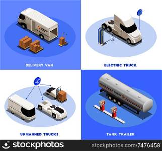 Transportation 2x2 isometric design concept with delivery van and cargo transport 3d isolated vector illustration