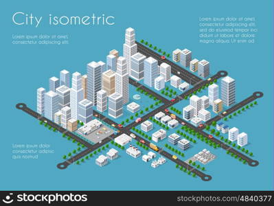 Transportation 3D city streets intersection with houses and trees. Isometric view from above on a city transport. Transportation 3D city