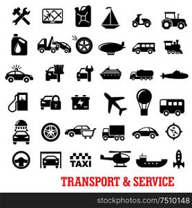 Transportation and car service black flat icons with car, truck, wheel, train, buses, ships, repair, motorcycle, airplane, helicopter, oil, taxi, tire, balloon sale wash tow sailboat fuel station traffic police submarine. Transportation and car service flat icons