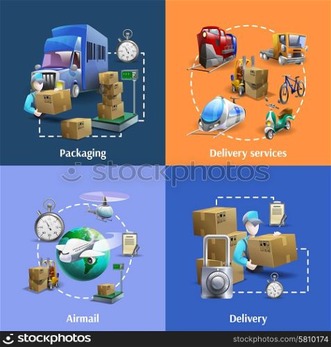 Transportation And Delivery Icons Set . Transportation and delivery cartoon icons set with packaging and mail service isolated vector illustration
