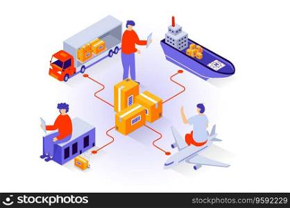 Transportation and logistics concept in 3d isometric design. People working in global delivery company with developed shipping infrastructure. Vector illustration with isometry scene for web graphic