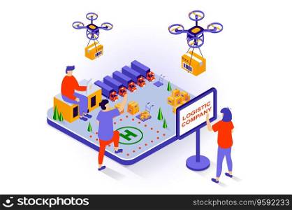 Transportation and logistics concept in 3d isometric design. People work at warehouse in delivery company with truck shipping and flying drones. Vector illustration with isometry scene for web graphic