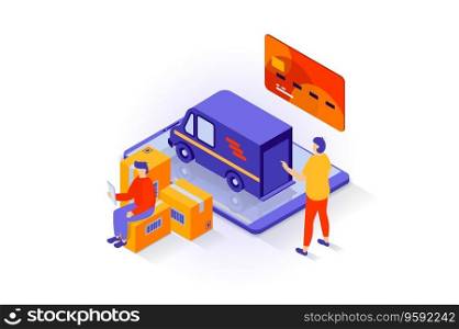 Transportation and logistics concept in 3d isometric design. People use delivery company service for fast shipping in truck and paying by card. Vector illustration with isometry scene for web graphic