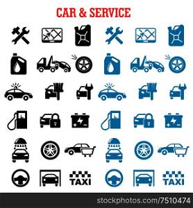 Transportation, car and service flat icons set with car sale, towing, paint, washing, repair, tire service, taxi, fuel jerrycan, gas station, wheel, navigation, battery, traffic police and security system. Transportation and car service flat icons