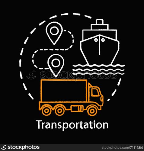 Transportation chalk concept icon. Shipping by sea and by land. Route, ship, truck. Logistics and distribution. Cargo delivery idea. Vector isolated chalkboard illustration