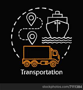 Transportation chalk concept icon. Shipping by sea and by land. Route, ship, truck. Logistics and distribution. Cargo delivery idea. Vector isolated chalkboard illustration