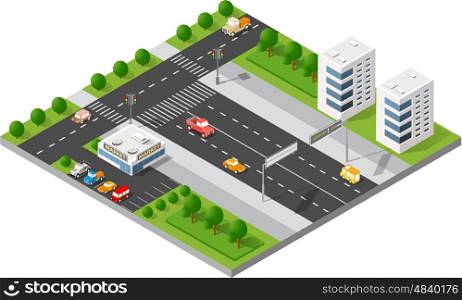Transportation city streets intersection with houses and trees. Isometric view from above on a city transport. Transportation city streets
