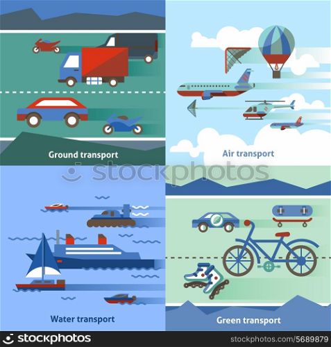 Transportation flat set with ground air water green transport isolated vector illustration