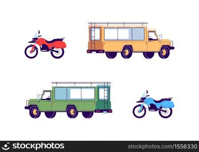 Transportation for tour semi flat RGB color vector illustration set. Motorcycle for extreme sport. Truck for safari travel. Vehicles isolated cartoon objects on white background collection. Transportation for tour semi flat RGB color vector illustration set