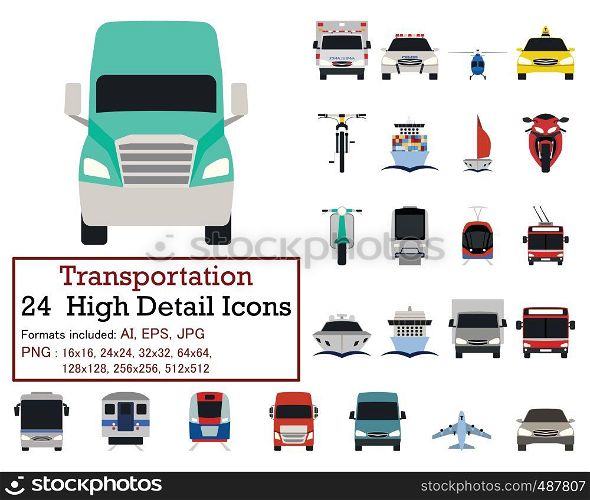 Transportation icon set in front view. Flat color design. Vector illustration.