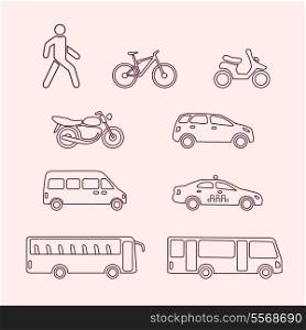 Transportation icons of pedestrian, bike, scooter, taxi, bus vector illustration