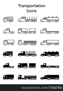 Transportation icons set. Delivery trailers, cargo trukcs, dumpers and van vector illustration isolated on white. Transportation icons set. Delivery trailers, cargo trukcs, dumpers and van vector