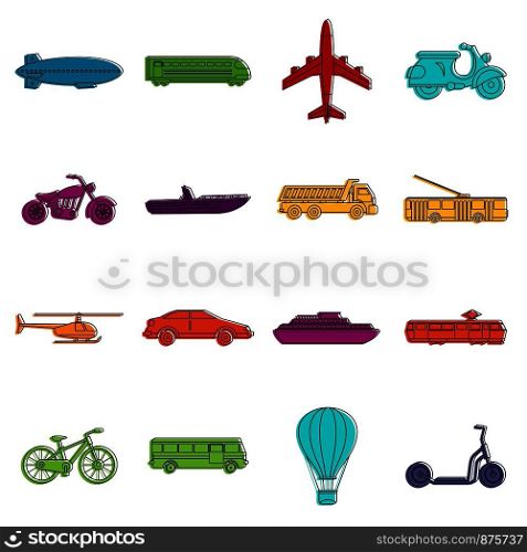 Transportation icons set. Doodle illustration of vector icons isolated on white background for any web design. Transportation icons doodle set