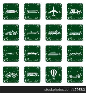 Transportation icons set in grunge style green isolated vector illustration. Transportation icons set grunge