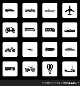 Transportation icons set in white squares on black background simple style vector illustration. Transportation icons set squares vector