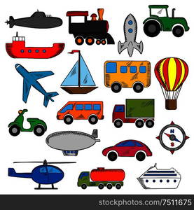 Transportation icons set with silhouettes of cars and buses, train and trucks, ship and airplane, motorcycle and sailboat, compass and tractor, helicopter and rocket, submarine, hot air balloon and airship . Aviation, transportation and ship icons