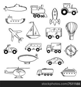 Transportation icons set with silhouettes of cars, train and trucks, ship, airplane, motorcycle, sailboat or compass, tractor, helicopter, rocket and submarine, hot air balloon and airship. Vector. Set of isolated sketched transportation icons