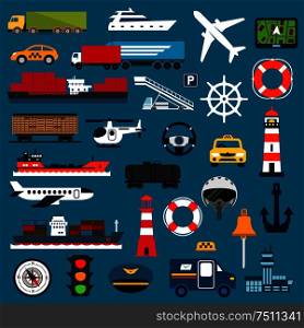 Transportation icons with taxi, trucks, cargo ships, yacht, airplane, helicopter, freight and tank wagon, airport compass traffic light helm lifebuoys lighthouses anchor bell and captain cap. Transportation icons in flat style