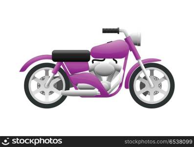 Transportation. Illustration of Violet Motorcycle. Transportation. Illustration of contemporary violet motorcycle. Two-wheeled motor vehicle with fuel economy and one headlight in front of it. Fast mean of transportation in cartoon design. Vector