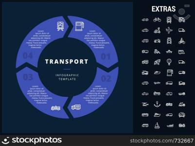 Transportation infographic template, elements and icons. Infograph includes customizable circular diagram, line icon set with transport vehicle, truck trailer, airplane flight, car, bus, train etc.. Transportation infographic template and elements.