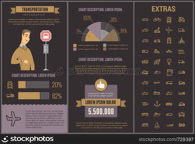 Transportation infographic template, elements and icons. Infograph includes customizable graphs, charts, line icon set with transport vehicle, truck trailer, airplane flight, car, bus, train etc.. Transportation infographic template and elements.