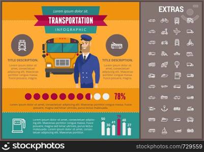 Transportation infographic template, elements and icons. Infograph includes customizable graphs, charts, line icon set with transport vehicle, truck trailer, airplane flight, car, bus, train etc.. Transportation infographic template and elements.