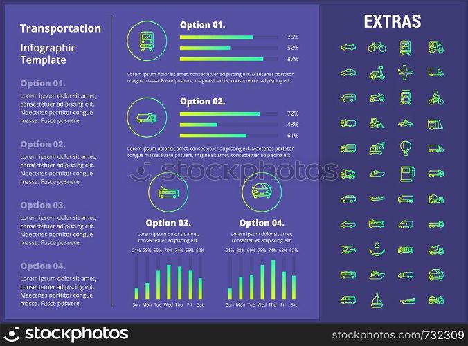 Transportation infographic template, elements and icons. Infograph includes customizable graphs, four options, line icon set with transport vehicle, truck trailer, airplane flight, car, train etc.. Transportation infographic template and elements.