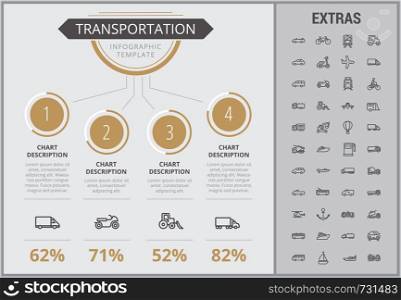 Transportation infographic template, elements and icons. Infograph includes numbered customizable charts, line icon set with transport vehicle, truck trailer, airplane flight, car, bus, train etc.. Transportation infographic template and elements.