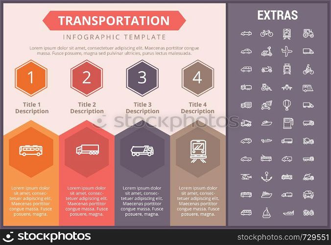 Transportation infographic timeline template, elements and icons. Infograph includes numbered options, line icon set with transport vehicle, truck trailer, airplane flight, car, bus, train, bike etc.. Transportation infographic template and elements.