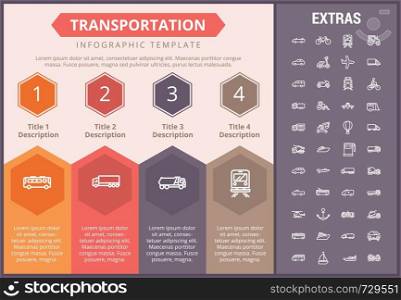 Transportation infographic timeline template, elements and icons. Infograph includes numbered options, line icon set with transport vehicle, truck trailer, airplane flight, car, bus, train, bike etc.. Transportation infographic template and elements.