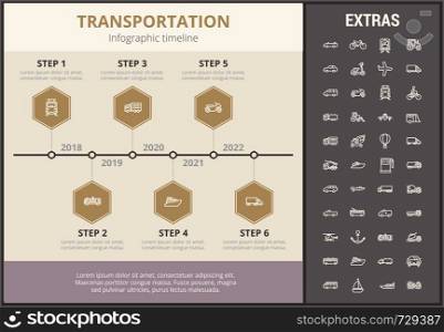 Transportation infographic timeline template, elements and icons. Infograph includes step number options, line icon set with transport vehicle, truck trailer, airplane flight, car, bus, train etc.. Transportation infographic template and elements.