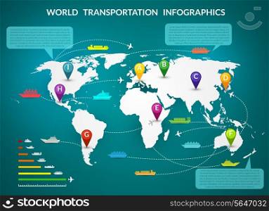 Transportation logistic infographics elements with world map and delivery chain vector illustration.