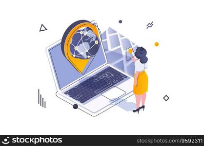 Transportation logistics concept in 3d isometric design. Woman working in global delivery company of export and import, cargo service. Vector illustration with isometric people scene for web graphic