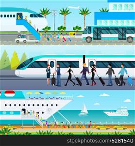 Transportation Modes Banners Set. Three horizontal traveling transport banners set with tropical airport transfer intercity train and passenger ocean going ship vector illustration