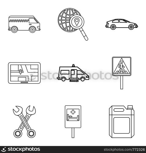 Transportation of people icons set. Outline set of 9 transportation of people vector icons for web isolated on white background. Transportation of people icons set, outline style