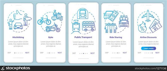 Transportation onboarding mobile app page screen with concepts. Tickets sale. Night bus. Budget travel walkthrough five steps graphic instructions. UI vector template with RGB color illustrations