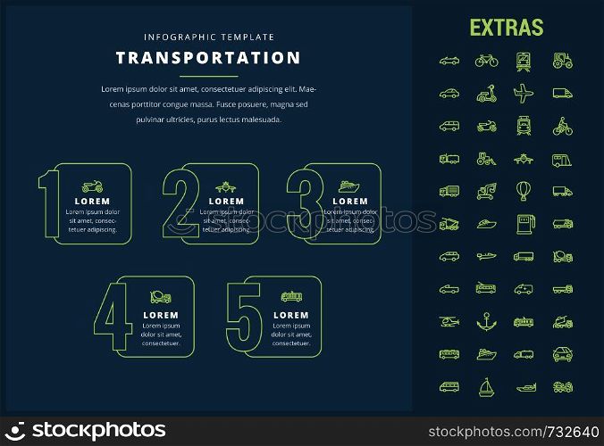 Transportation options infographic template, elements and icons. Infograph includes line icon set with transport vehicle, truck trailer, airplane flight, hot air balloon, construction vehicles etc.. Transportation infographic template and elements.