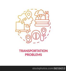 Transportation problems red gradient concept icon. Logistical issues. International food trade challenges abstract idea thin line illustration. Isolated outline drawing. Myriad Pro-Bold fonts used
. Transportation problems red gradient concept icon