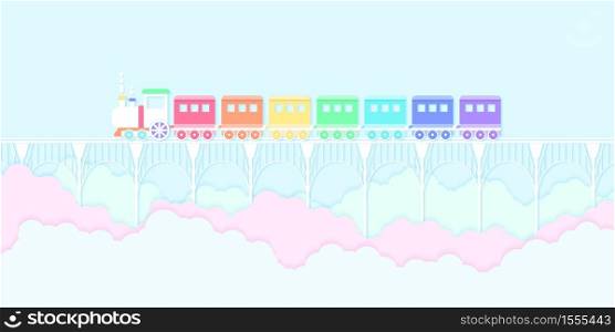 Transportation, rainbow color train running on the bridge with blue sky and colorful clouds, paper art style