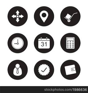 Transportation service black icons set. Shipping and logistic. Online package tracking. Delivery service customer support interface. White silhouettes illustrations. Vector infographics elements. Transportation service black icons set