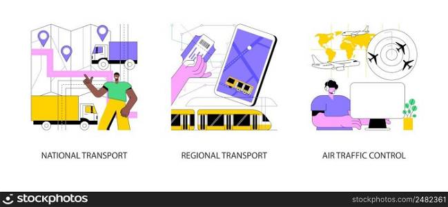 Transportation system abstract concept vector illustration set. National and regional transport, air traffic control, car driver, passenger pass, ticket office, airport radar abstract metaphor.. Transportation system abstract concept vector illustrations.