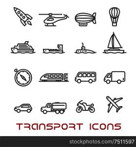 Transportation thin line icons set with car, bus and train, truck and ship, airplane and motorcycle, yacht and compass, tractor and helicopter, rocket and submarine, hot air balloon and airship . Thin line transportation icons set