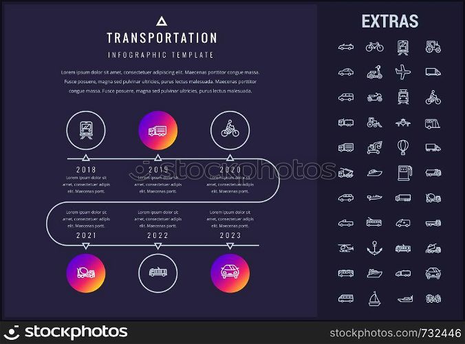 Transportation timeline infographic template, elements and icons. Infograph includes years, line icon set with transport vehicle, truck trailer, airplane, hot air balloon, construction vehicles etc.. Transportation infographic template and elements.