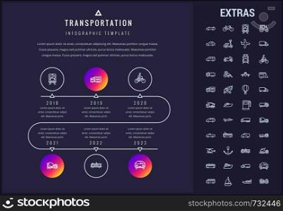 Transportation timeline infographic template, elements and icons. Infograph includes years, line icon set with transport vehicle, truck trailer, airplane, hot air balloon, construction vehicles etc.. Transportation infographic template and elements.