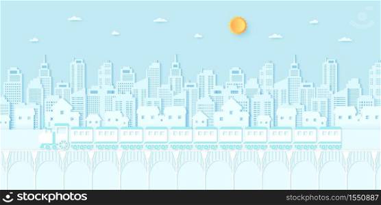 Transportation, Train running on the bridge, Cityscape, residential, house, buildings with blue sky and sun, paper art style