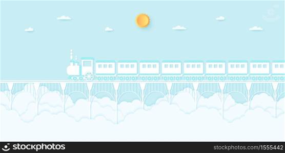 Transportation, Train running on the bridge with blue sky, paper art style